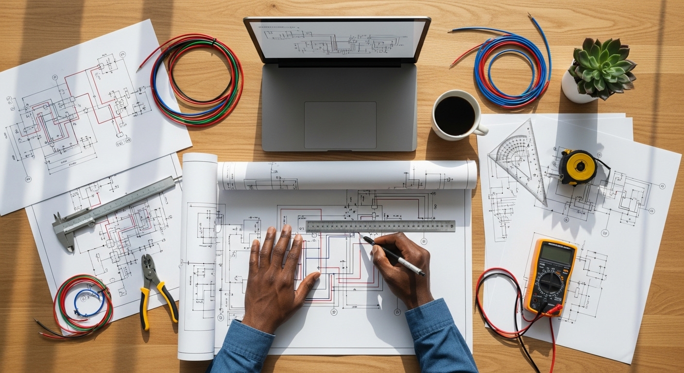 Engineer marking up distribution board plans or doing QA with tablet