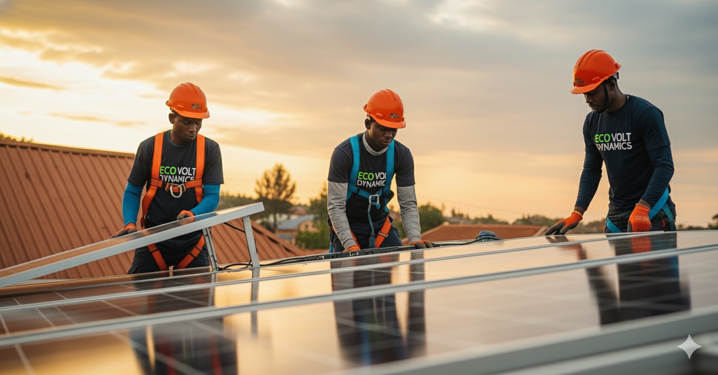 Eco Volt technician inspecting rooftop solar panels