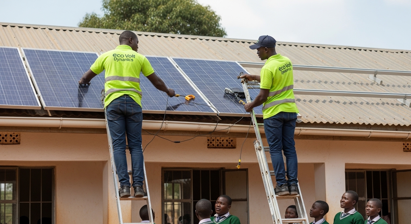 Students using computers in a lab with visible solar equipment outside