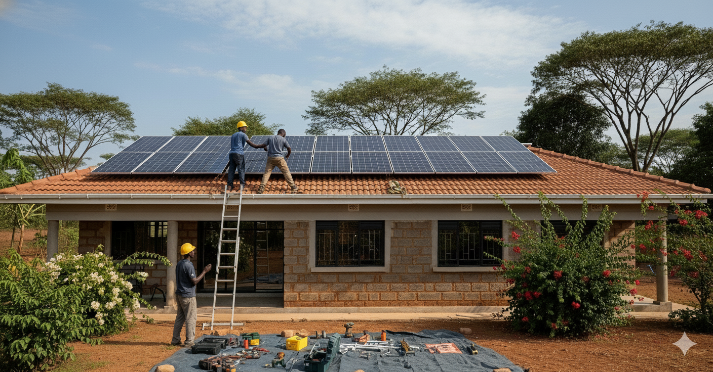 Technicians installing rooftop solar for a home